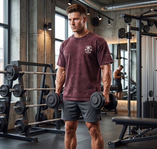 Maroon oversized gym shirt front view during dumbbell workout