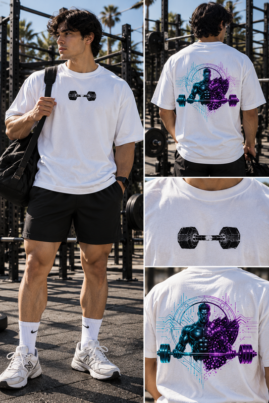 Model wearing white oversized gym T-shirt with a small dumbbell front print