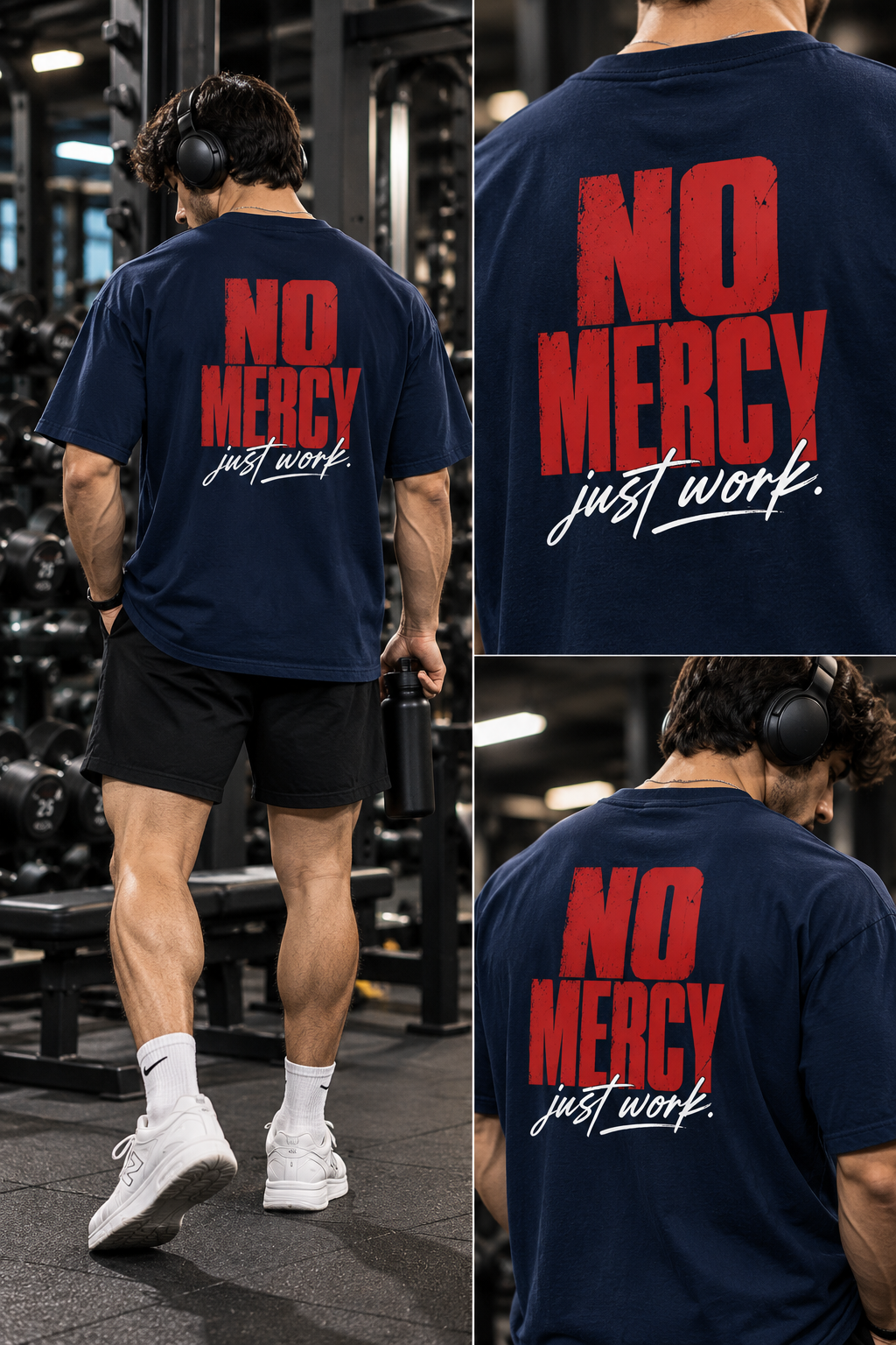 Male model wearing a navy blue oversized T-shirt with No Mercy Just Work back print, shown in full-body and close-up gym views.