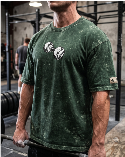 This Is My Therapy Forest Green Acid Wash T-Shirt Dumbbell Chest Logo Front View