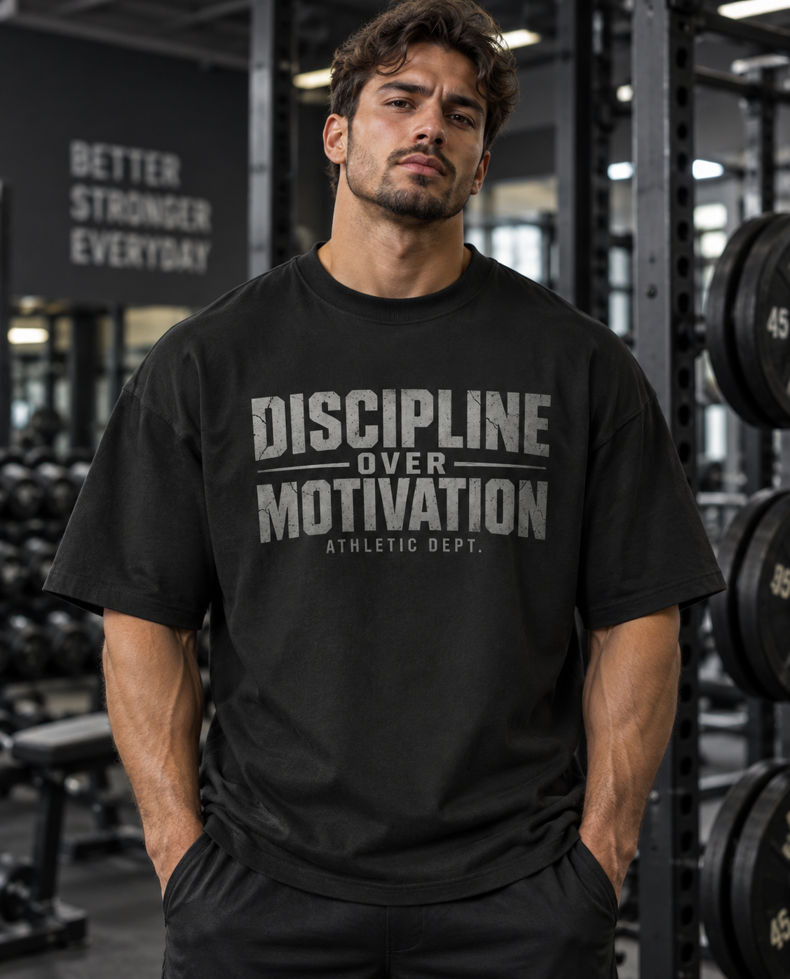 Male model wearing black Discipline Over Motivation oversized gym T-shirt