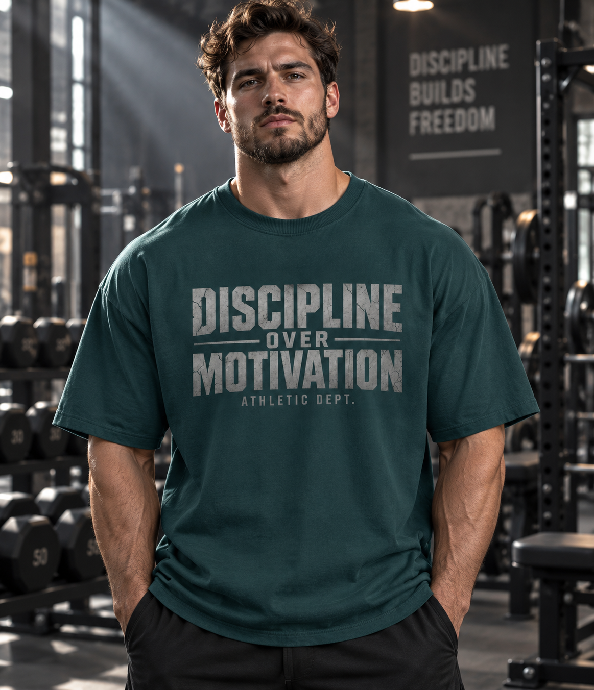 Male model wearing dark teal Discipline Over Motivation pump-cover gym T-shirt