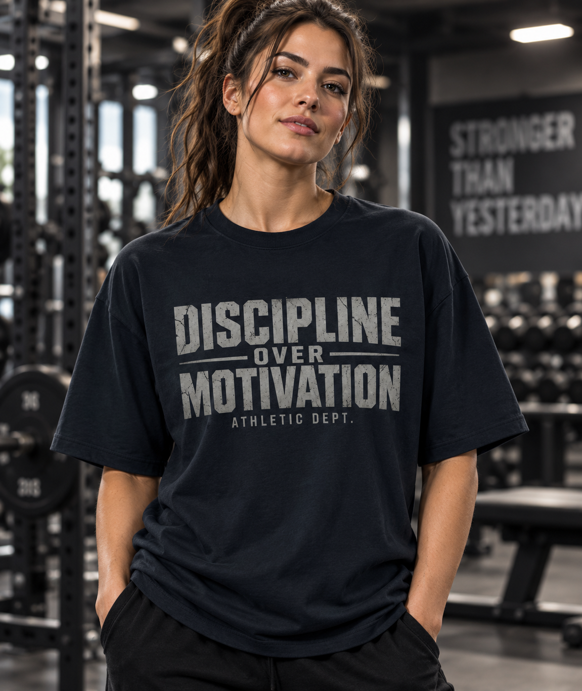 Female model wearing navy Discipline Over Motivation oversized gym T-shirt