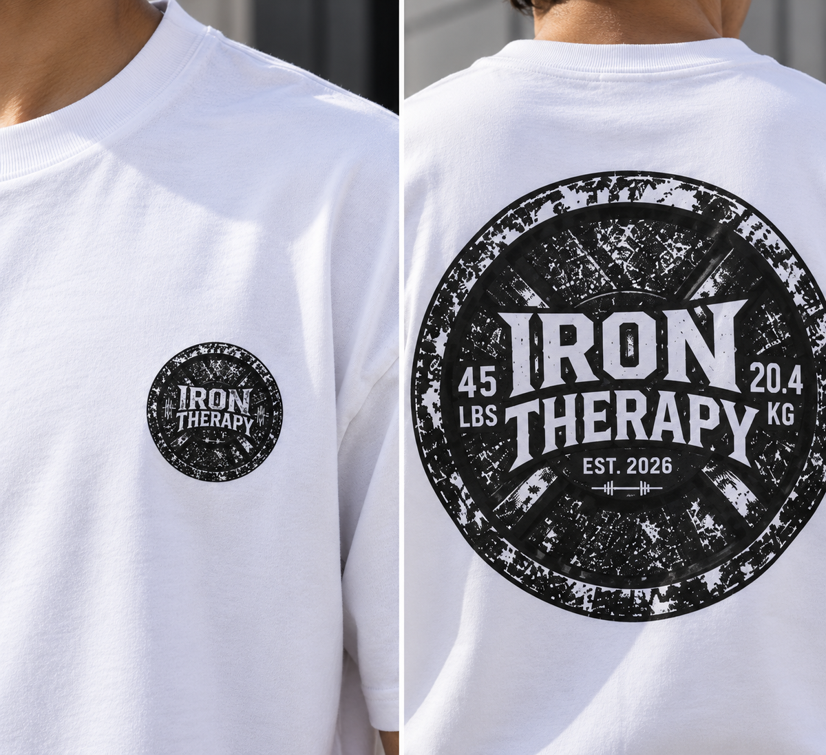 Iron Therapy front and back DTF print close-up on oversized T-shirt