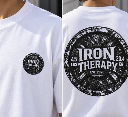 Iron Therapy front and back DTF print close-up on oversized T-shirt