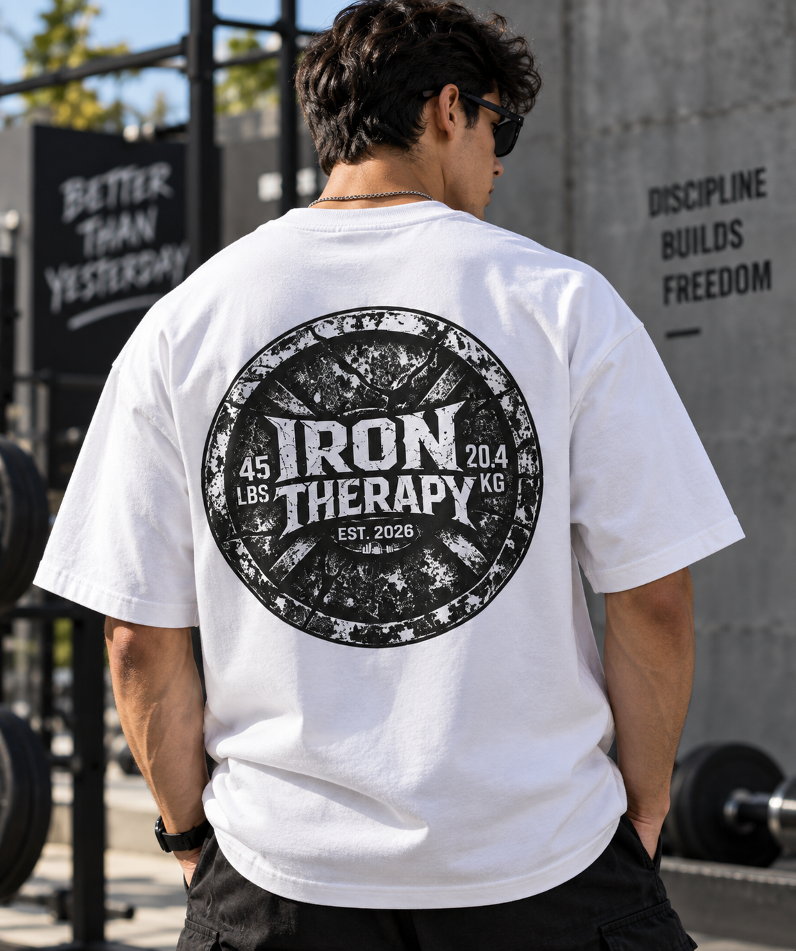 Male wearing Iron Therapy oversized gym T-shirt with large back design