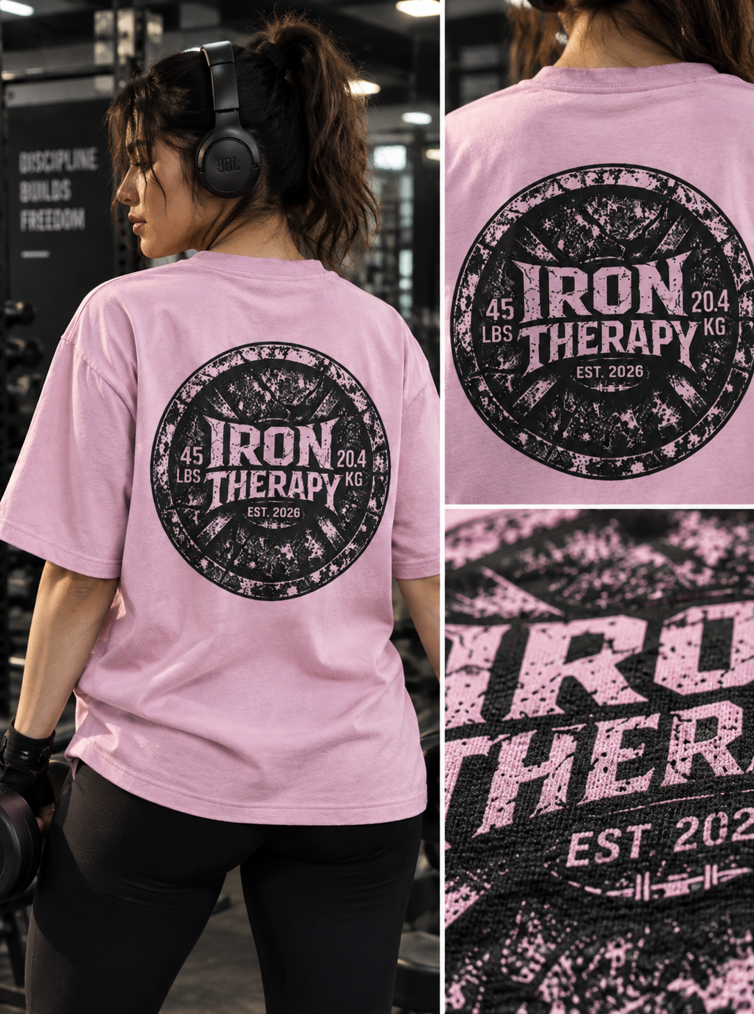 Pink Iron Therapy oversized T-shirt front and back print close-up