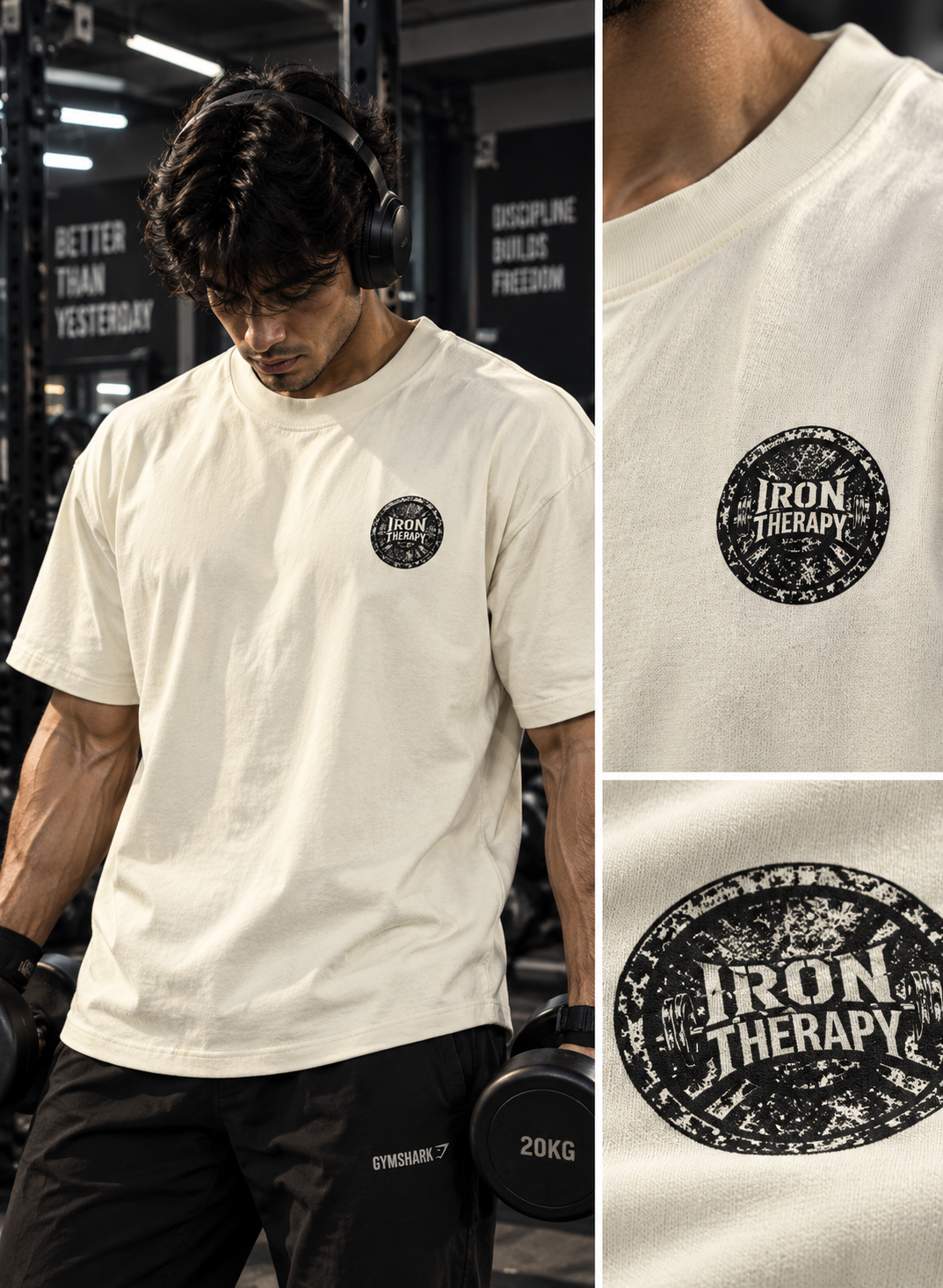 Male wearing off white Iron Therapy oversized gym T-shirt in gym