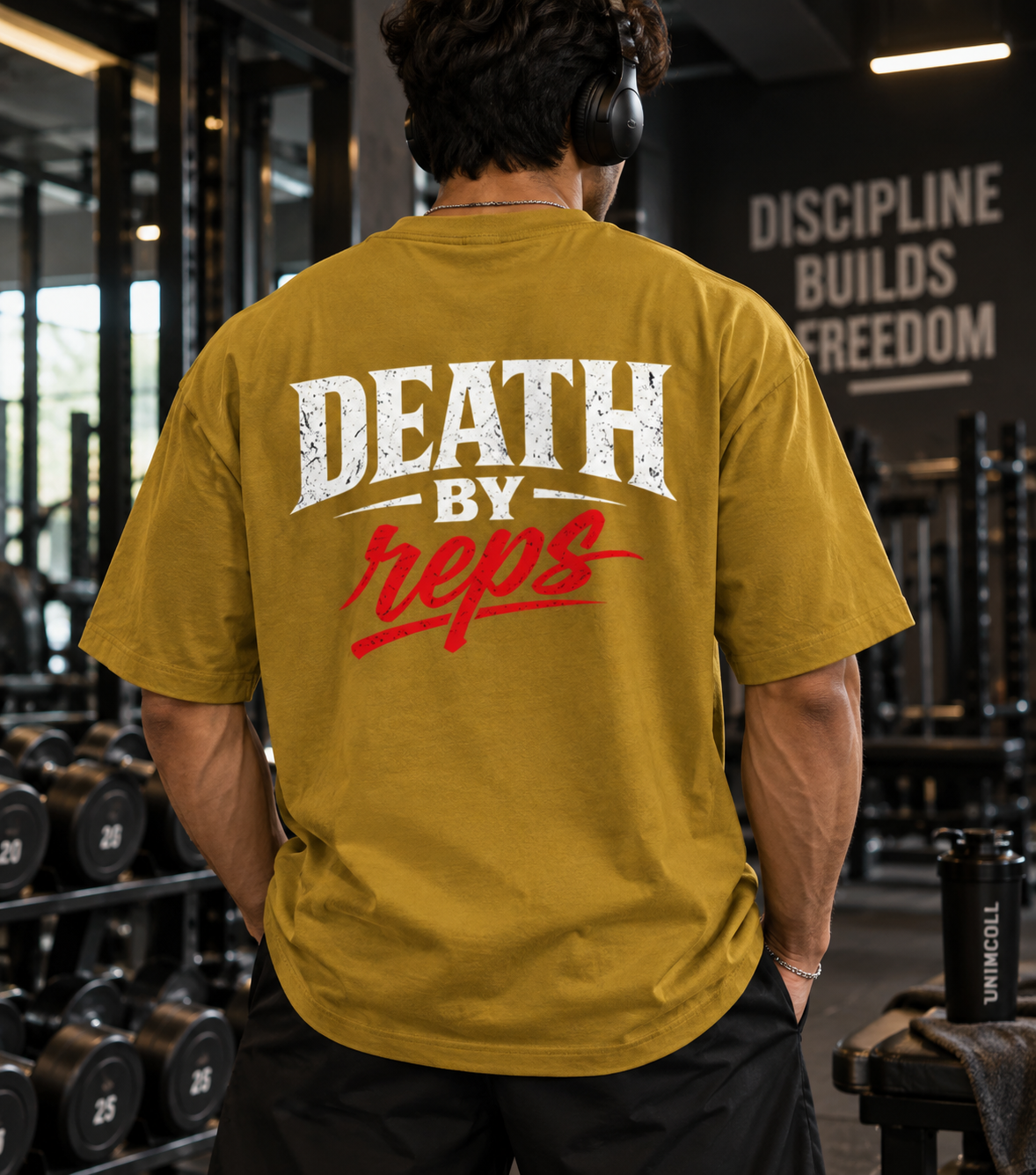 Death By Reps mustard oversized gym T-shirt back graphic male model