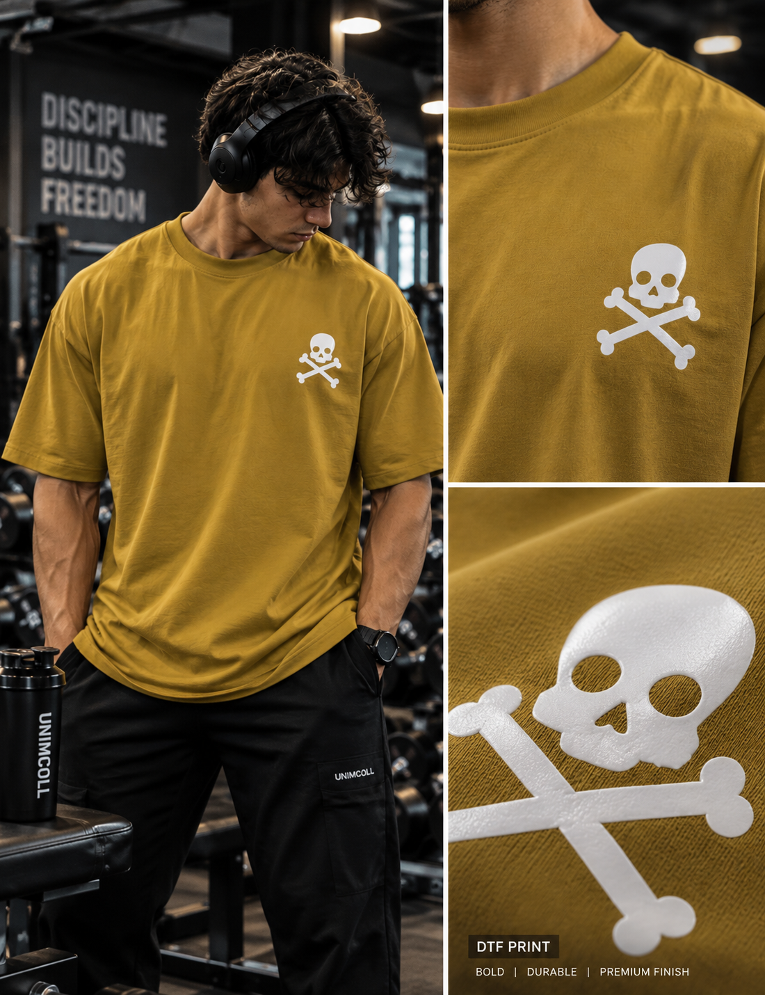 Death By Reps mustard oversized T-shirt front skull DTF print
