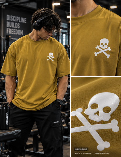 Death By Reps mustard oversized T-shirt front skull DTF print