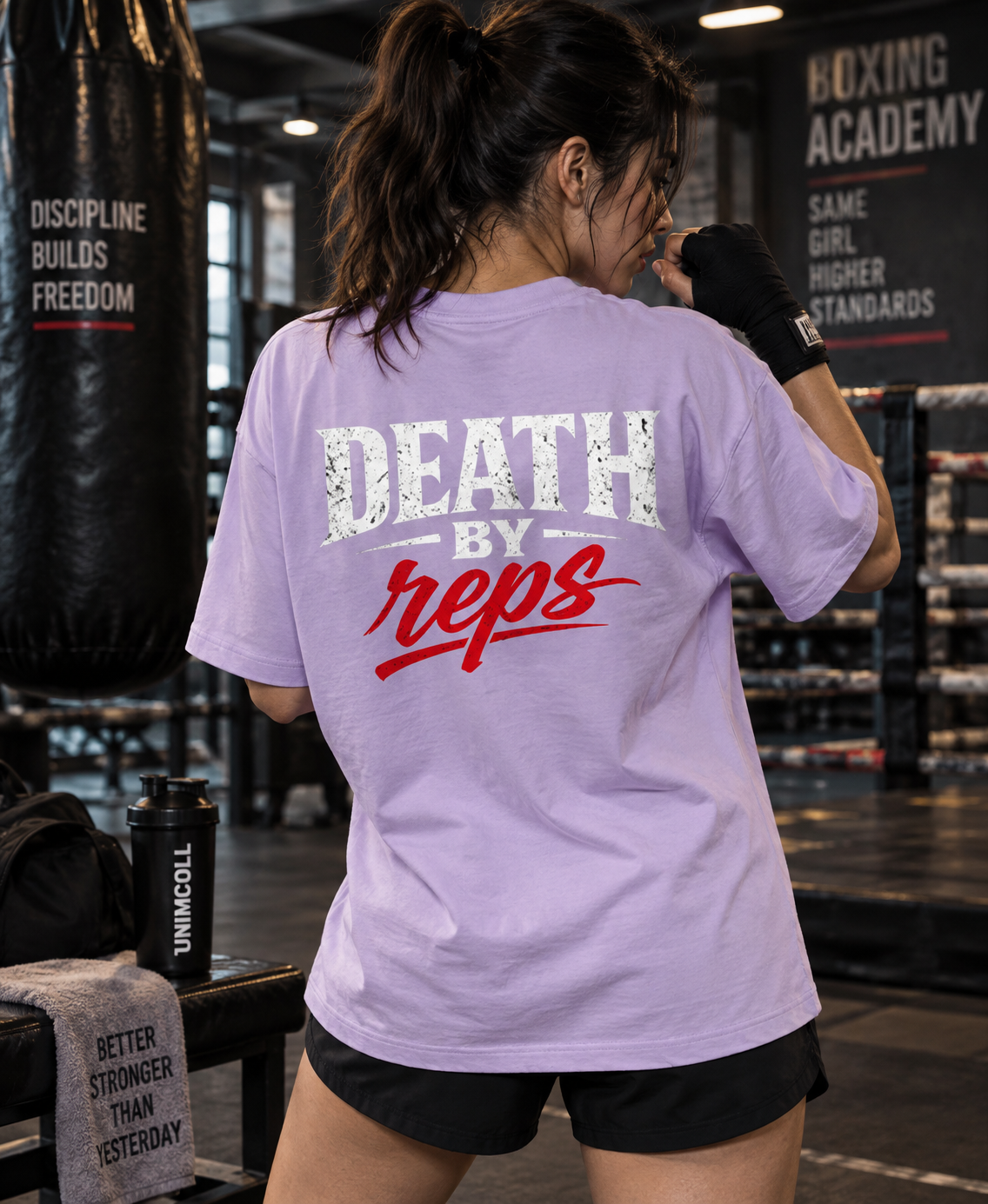 Death By Reps lavender pump cover T-shirt back DTF print close-up