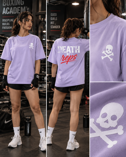 Death By Reps lavender oversized gym T-shirt front and back female model