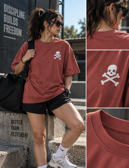 Death By Reps oversized T-shirt female front skull graphic outdoor