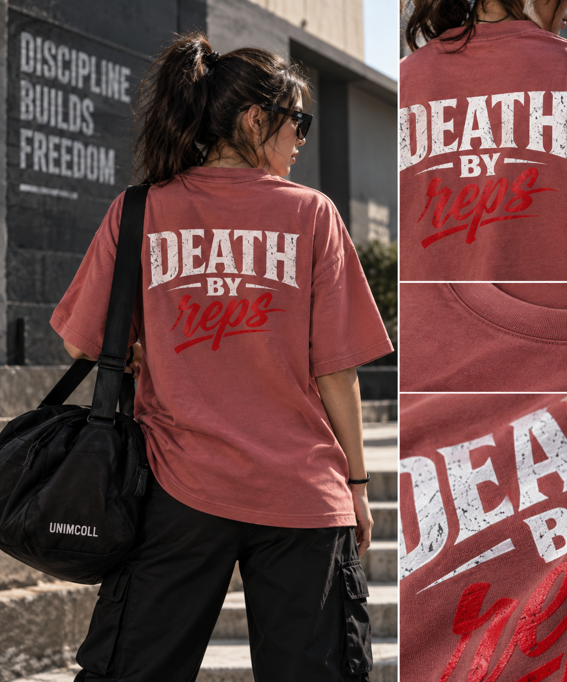 Death By Reps oversized T-shirt female model back print outdoor