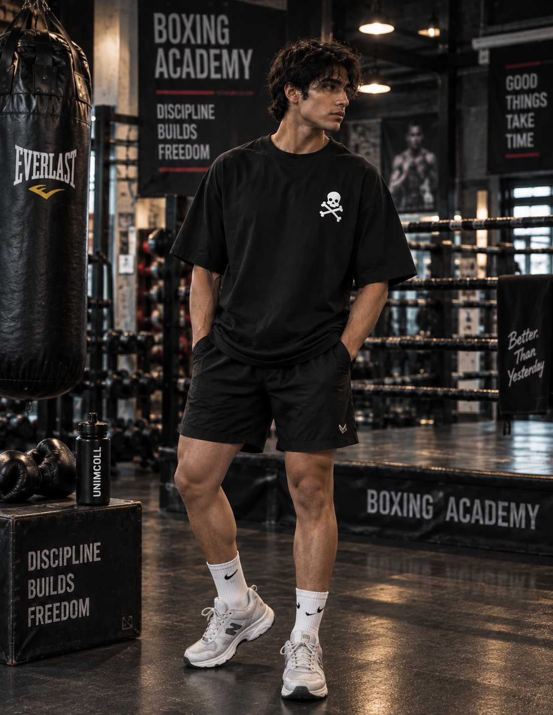 Death By Reps black oversized gym T-shirt front skull print male model