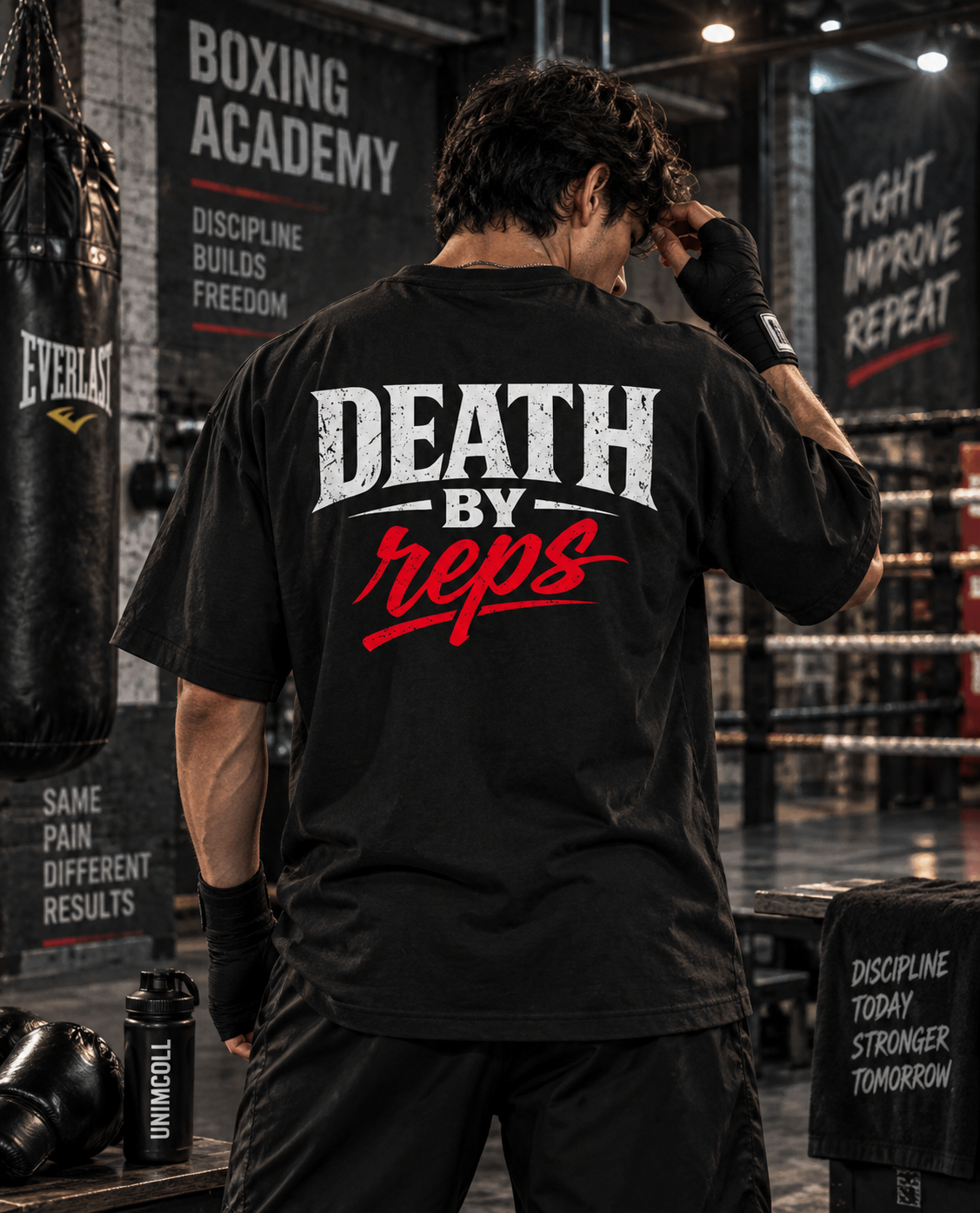 Death By Reps black oversized gym T-shirt back print male model