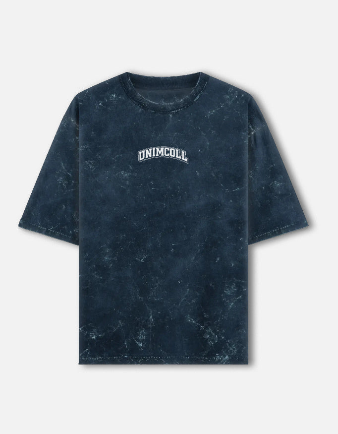 Unisex blue washed oversized gym shirt front UniMcoll logo