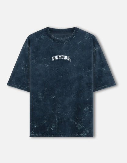 Unisex blue washed oversized gym shirt front UniMcoll logo