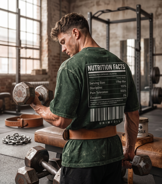 Green acid wash oversized gym t-shirt back view with Nutrition Facts label print