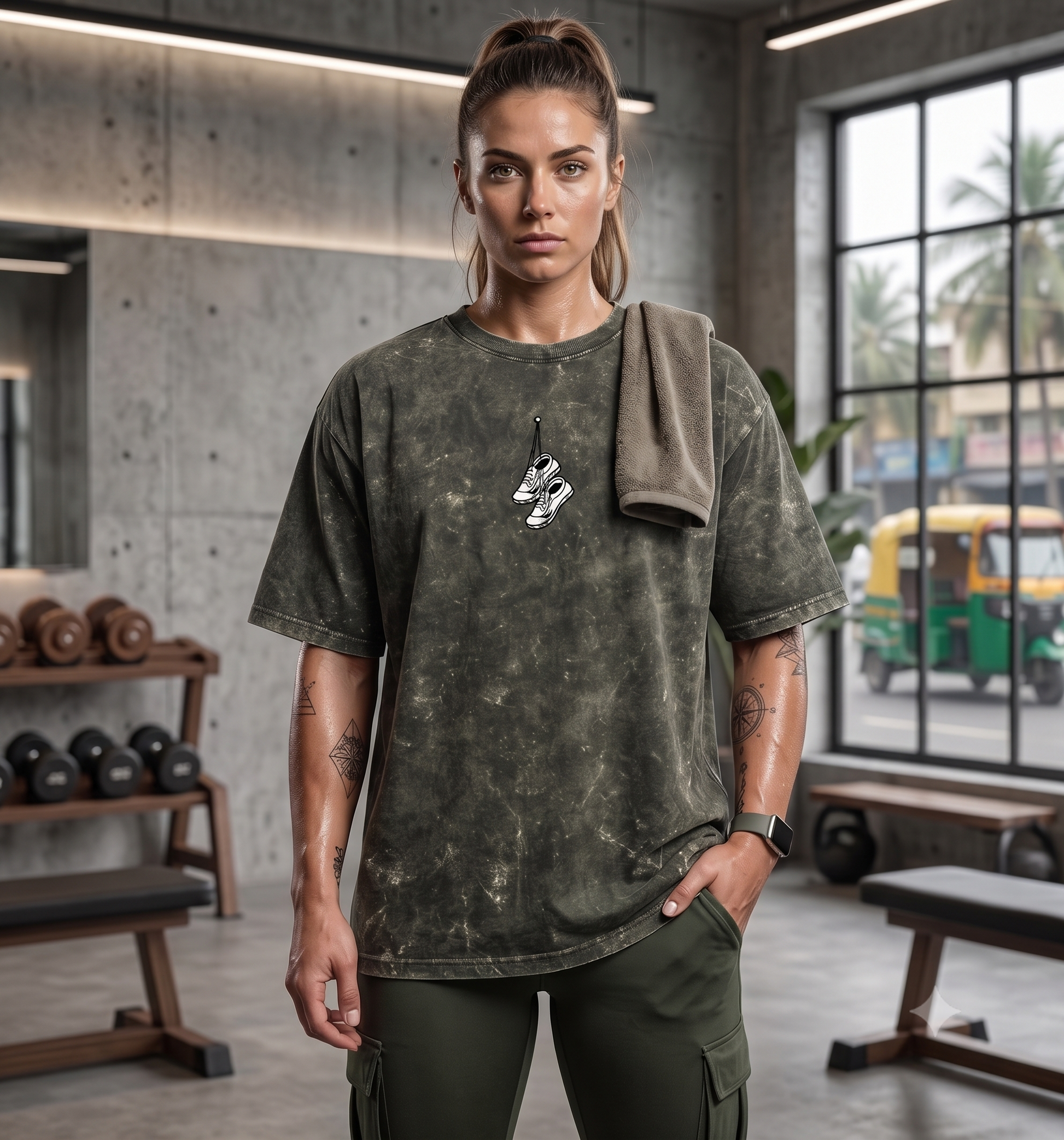Vintage olive green oversized pump cover tee front view