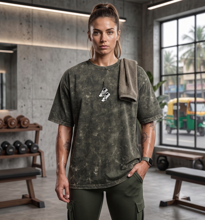 Vintage olive green oversized pump cover tee front view