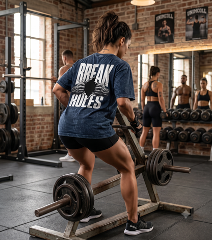 Break Rules graphic back print oversized blue workout tee UniMcoll