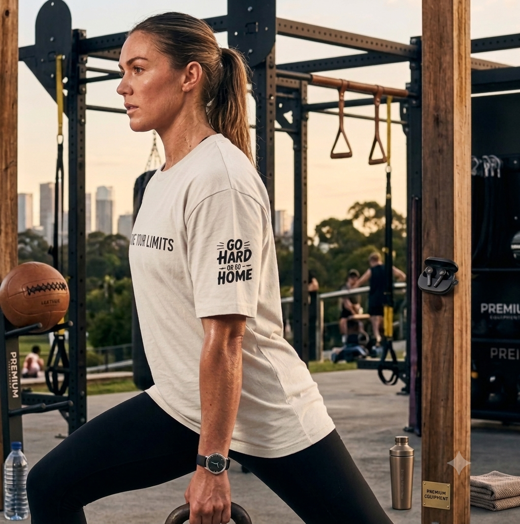 White oversized gym t-shirt worn by woman during strength training