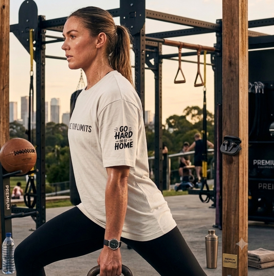 White oversized gym t-shirt worn by woman during strength training