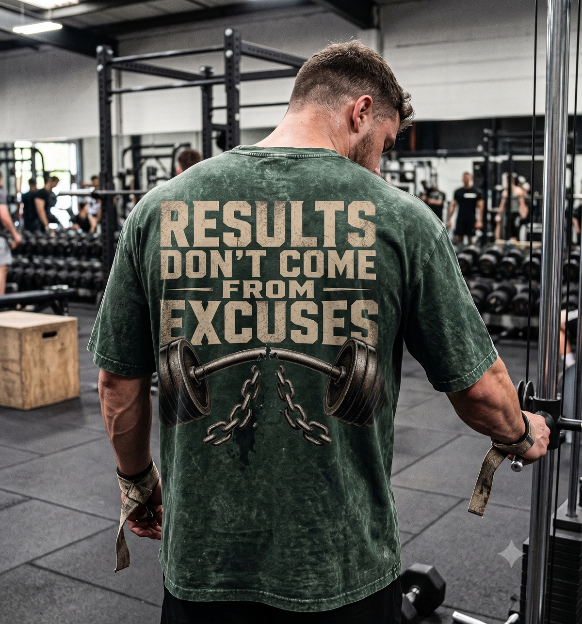 Blue acid wash oversized gym shirt front view with dumbbell graphic