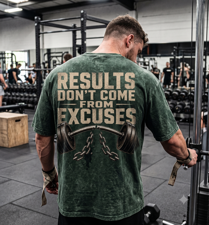 Blue acid wash oversized gym shirt front view with dumbbell graphic