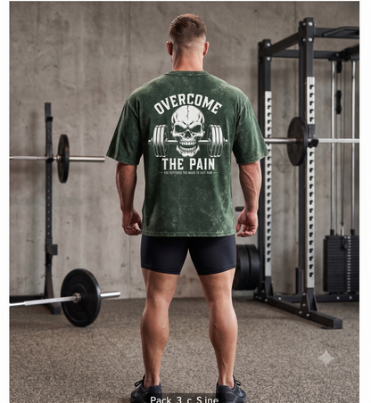 Overcome The Pain skull back print on green acid wash oversized tee