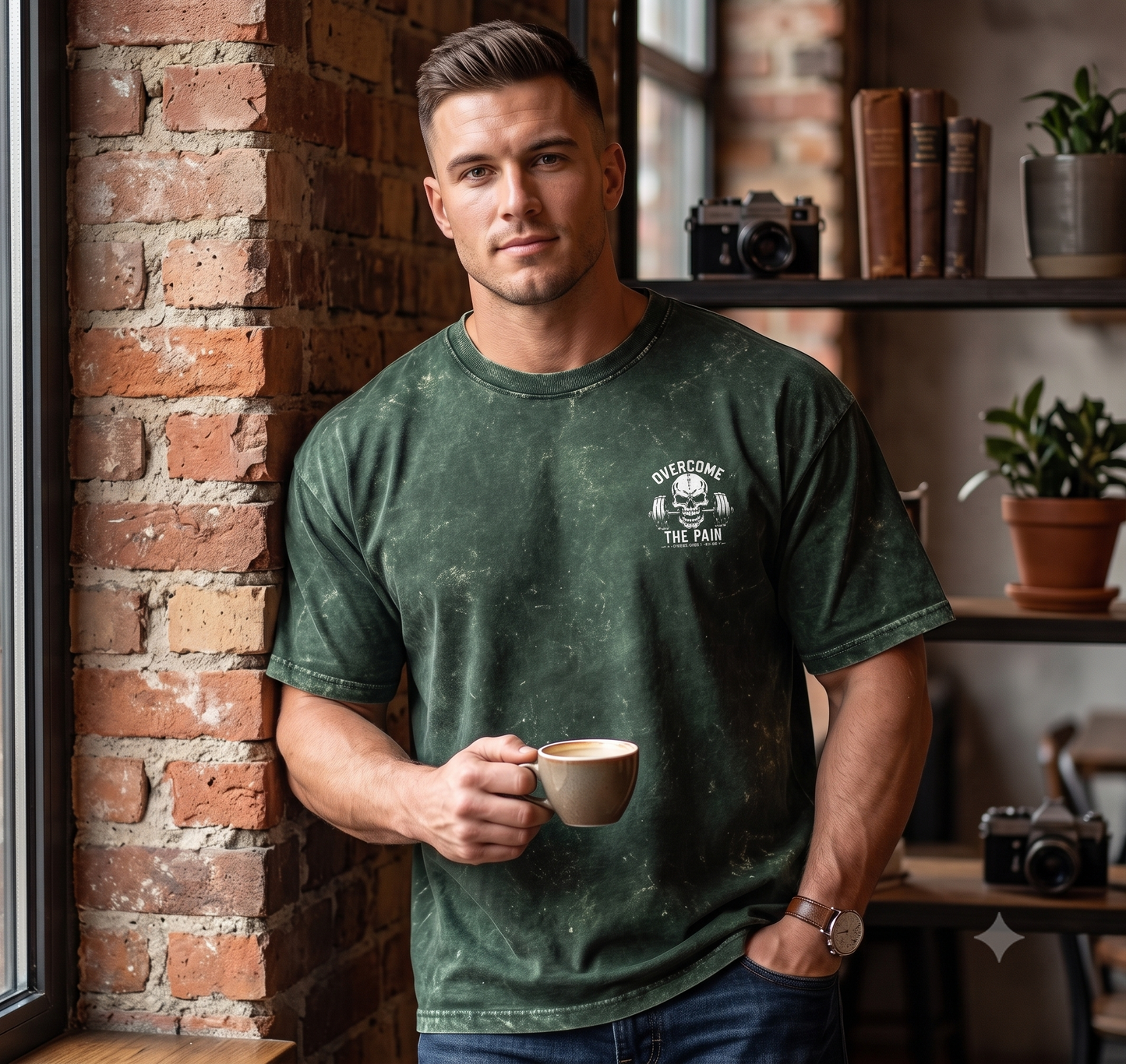 Green washed oversized workout t-shirt front view with small skull chest logo