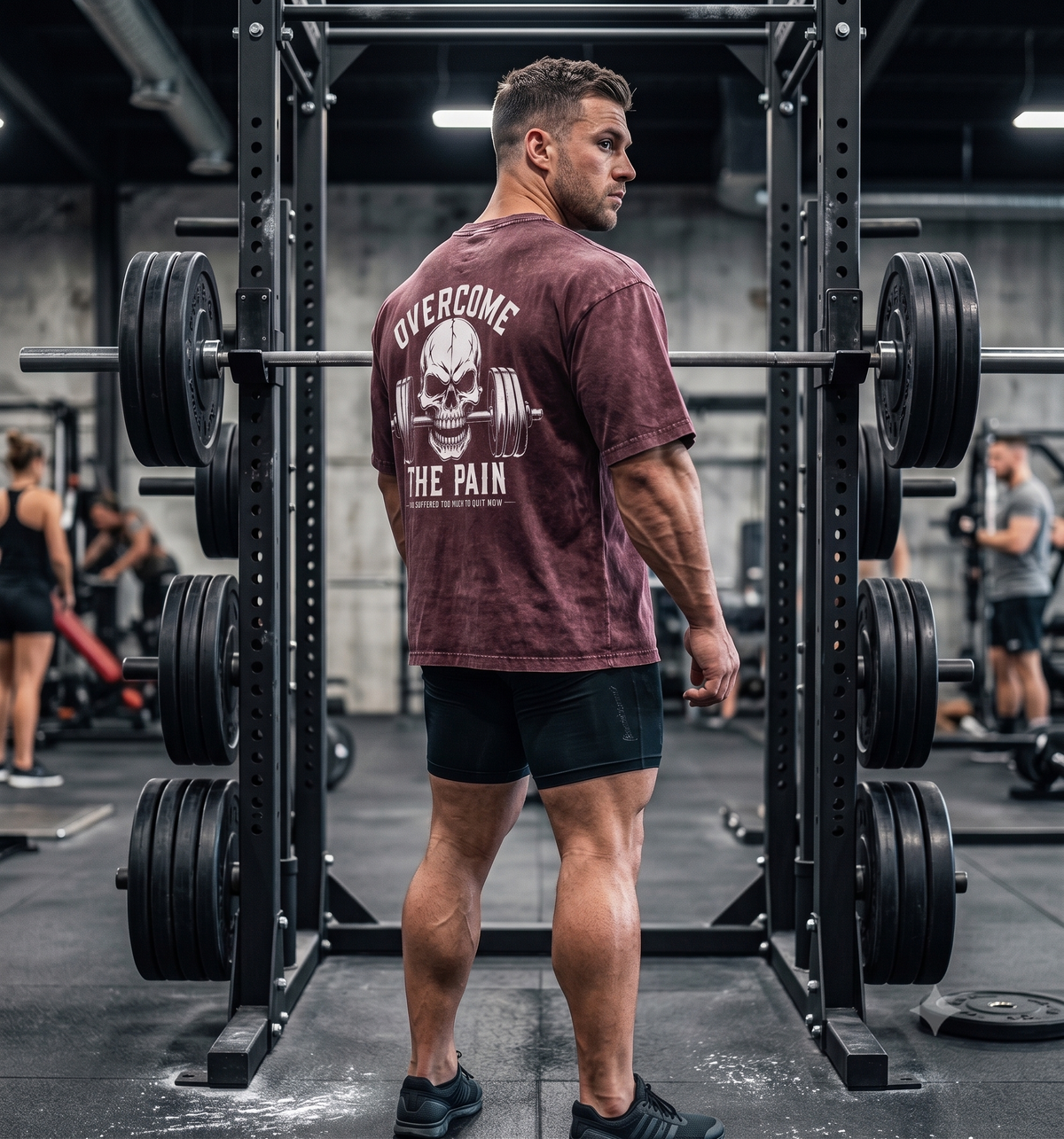 Dual view of maroon acid wash oversized gym tee back design