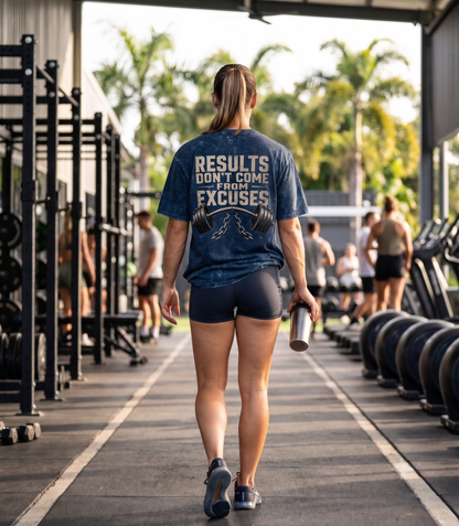 Blue mineral wash pump cover tee back print Results Don't Come From Excuses