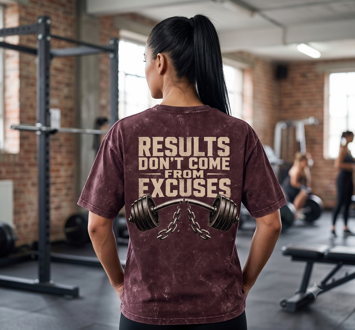 Maroon acid wash oversized workout t-shirt back print with barbell and broken chains