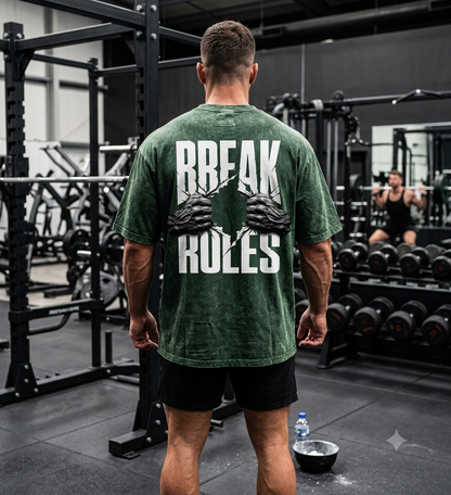 Green mineral wash graphic gym t-shirt Break Rules back design