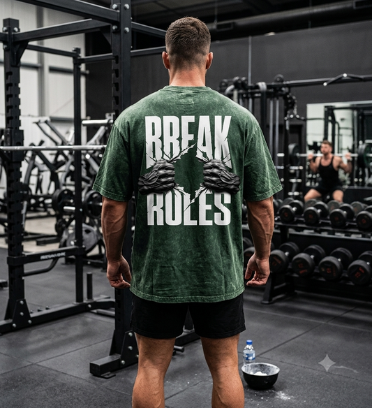 Green mineral wash graphic gym t-shirt Break Rules back design