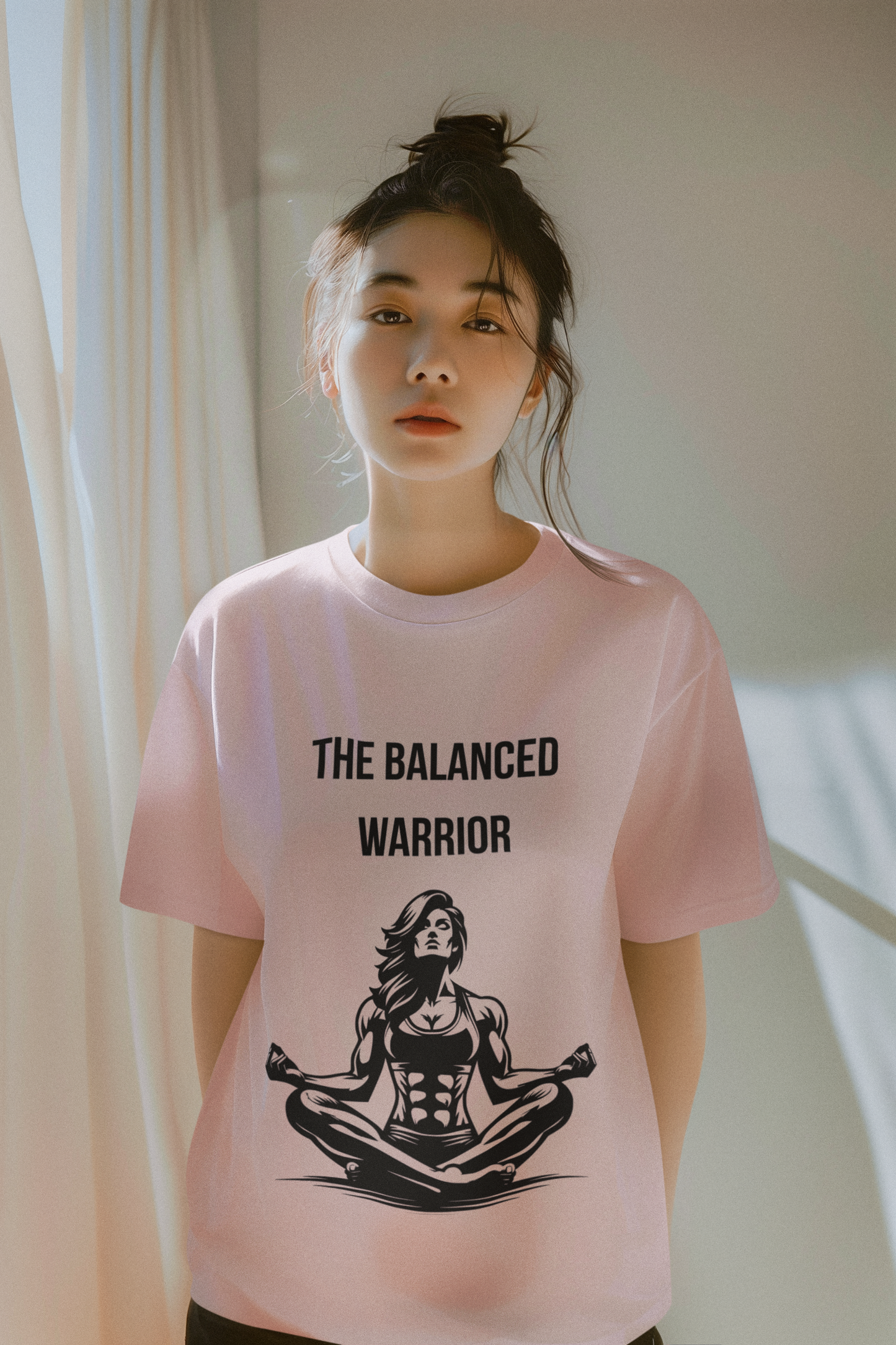 Person wearing a pink t-shirt with 'The Balanced Warrior' design.
