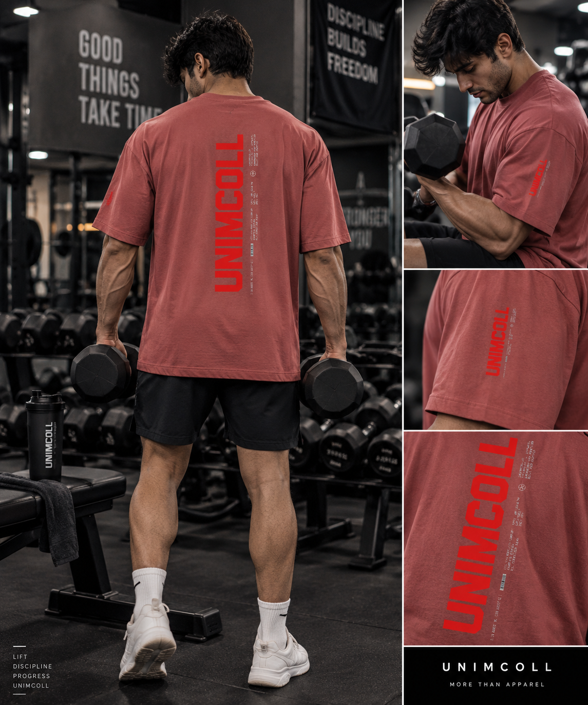 Man wearing red UNIMCOLL oversized gym t shirt showing back and sleeve print