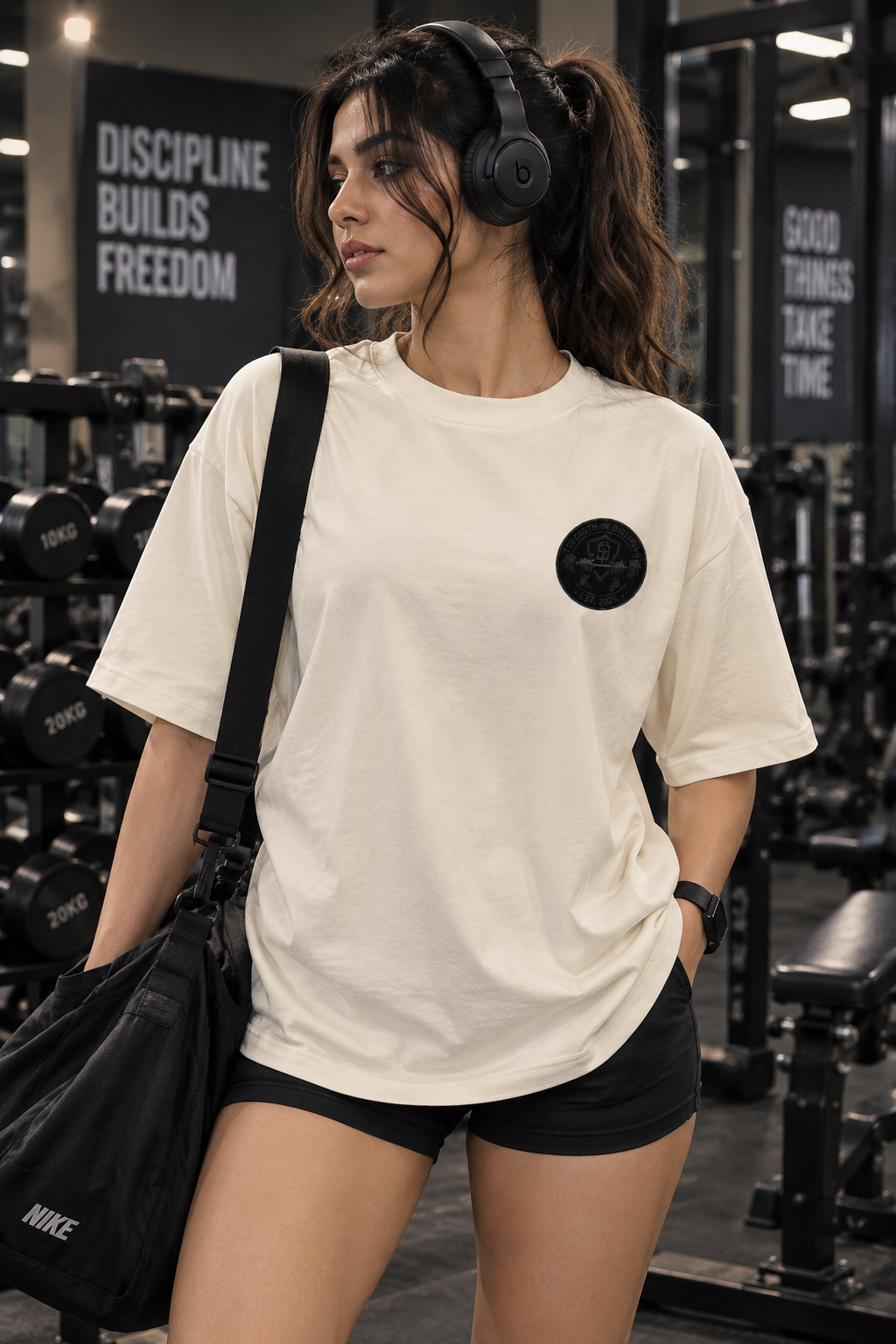 Strength in Discipline oversized gym t-shirt front view for women