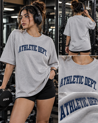 Grey Athletic Dept. oversized gym T-shirt with navy front print, shown from front and back