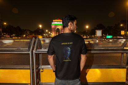Back view of a navy blue oversized "Anger Is My Strength" graphic gym t-shirt.