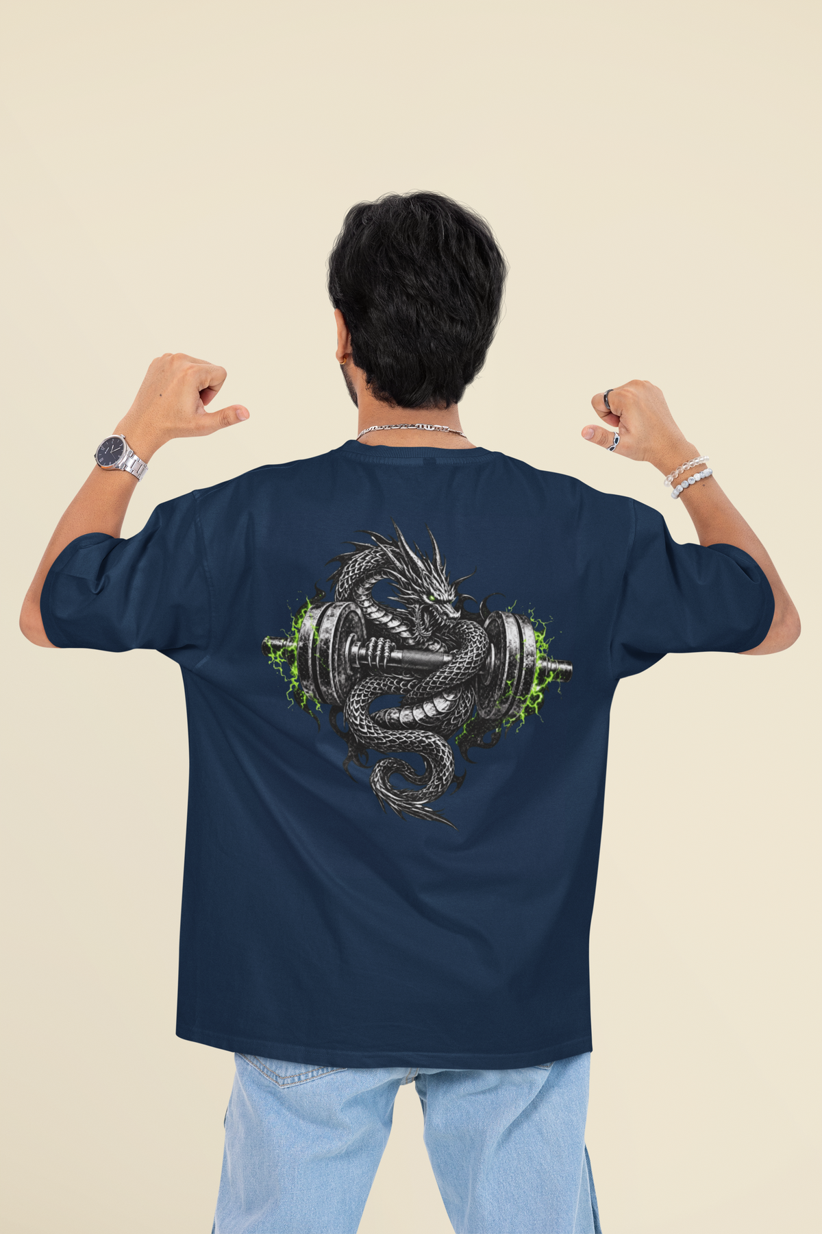 Iron dragon and dumbbell back graphic printed oversized gym t-shirt
