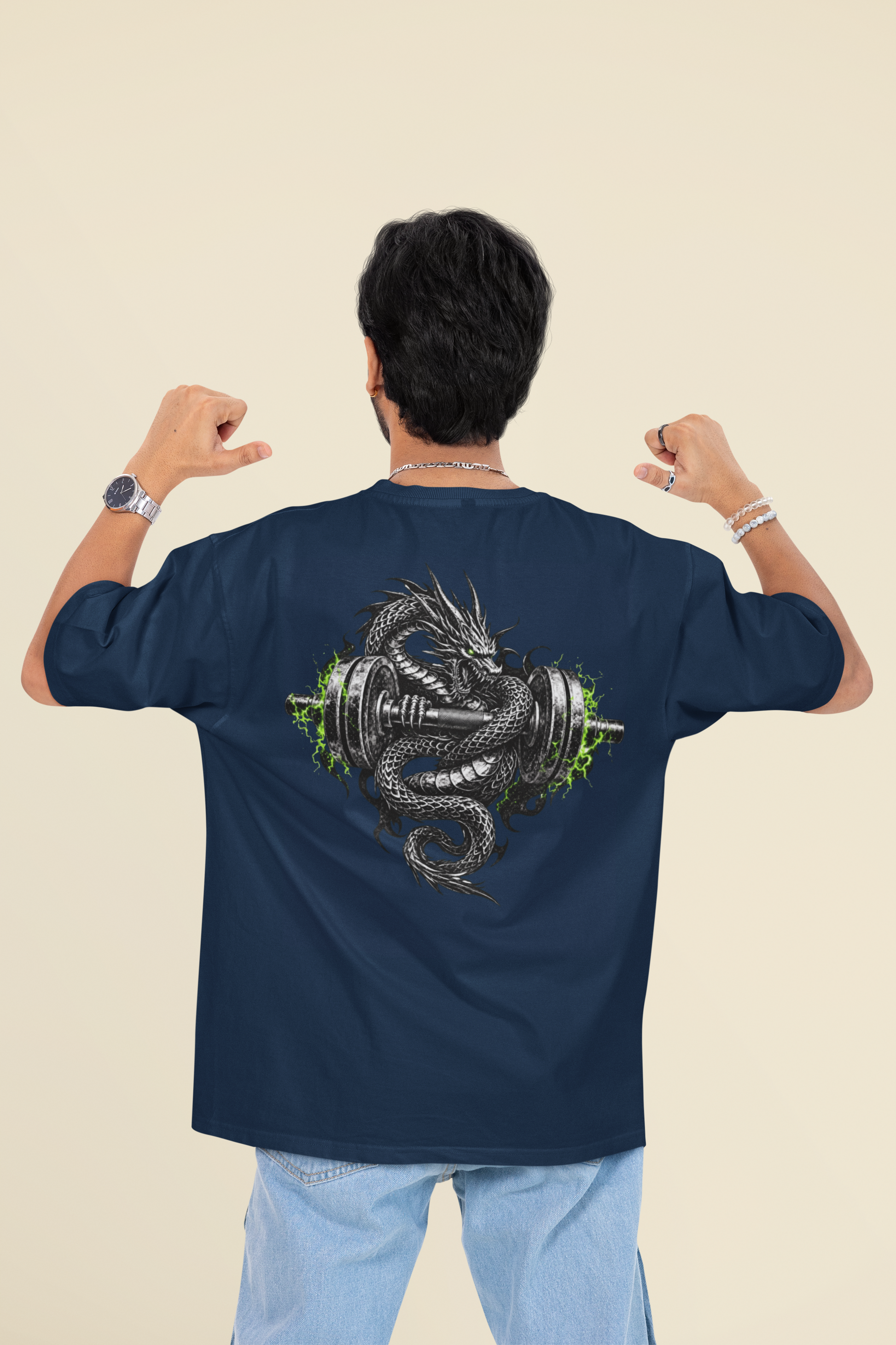 Iron dragon and dumbbell back graphic printed oversized gym t-shirt