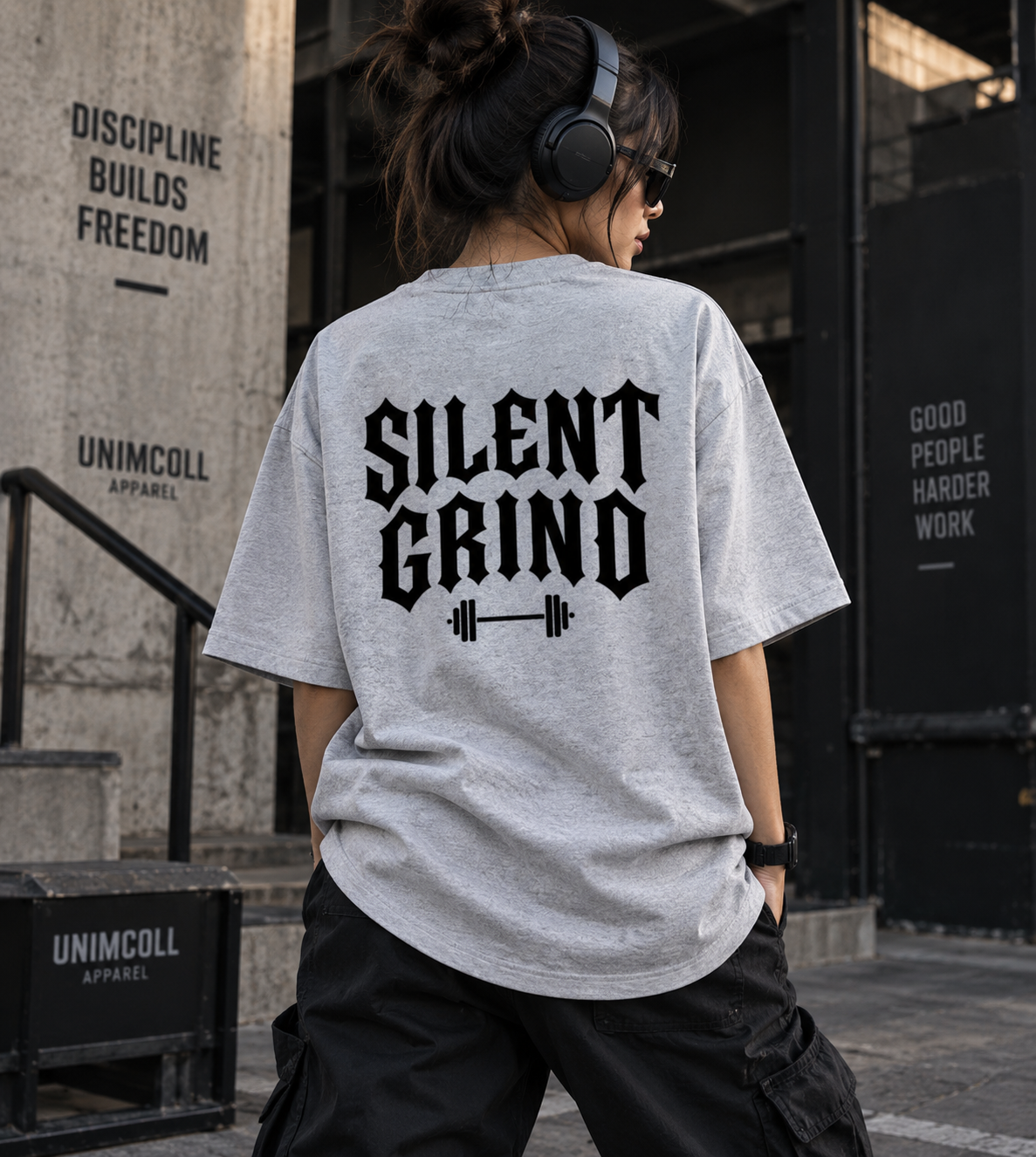 Silent Grind grey unisex gym pump cover back view