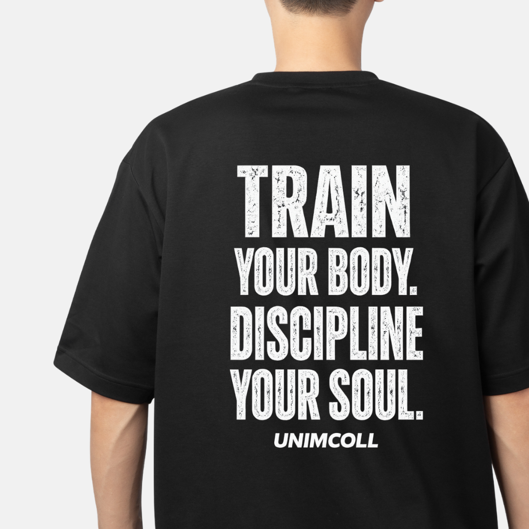 Black UNIMCOLL oversized gym t shirt with Train Your Body Discipline Your Soul back print