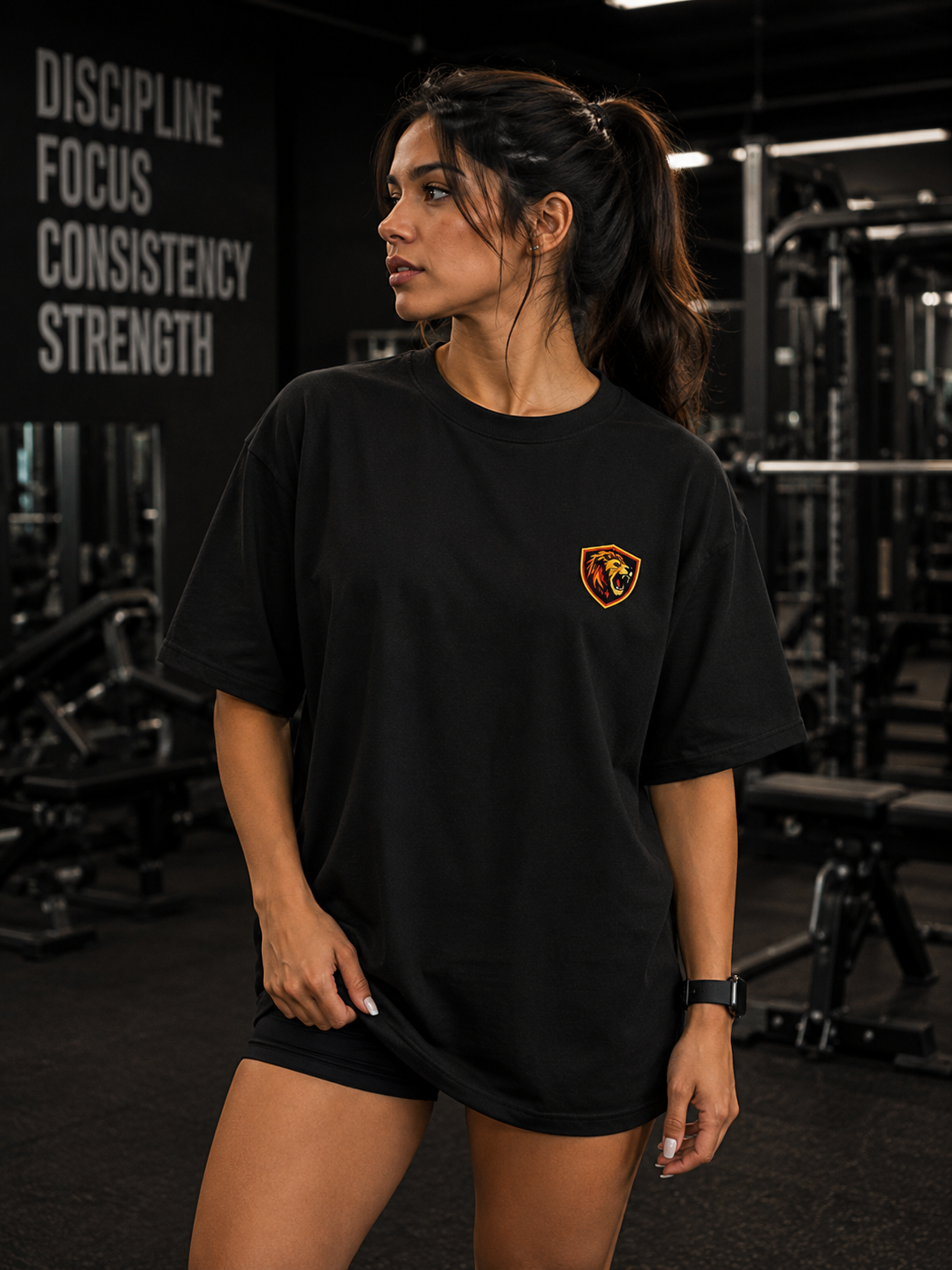 Black oversized gym t-shirt worn by woman in gym