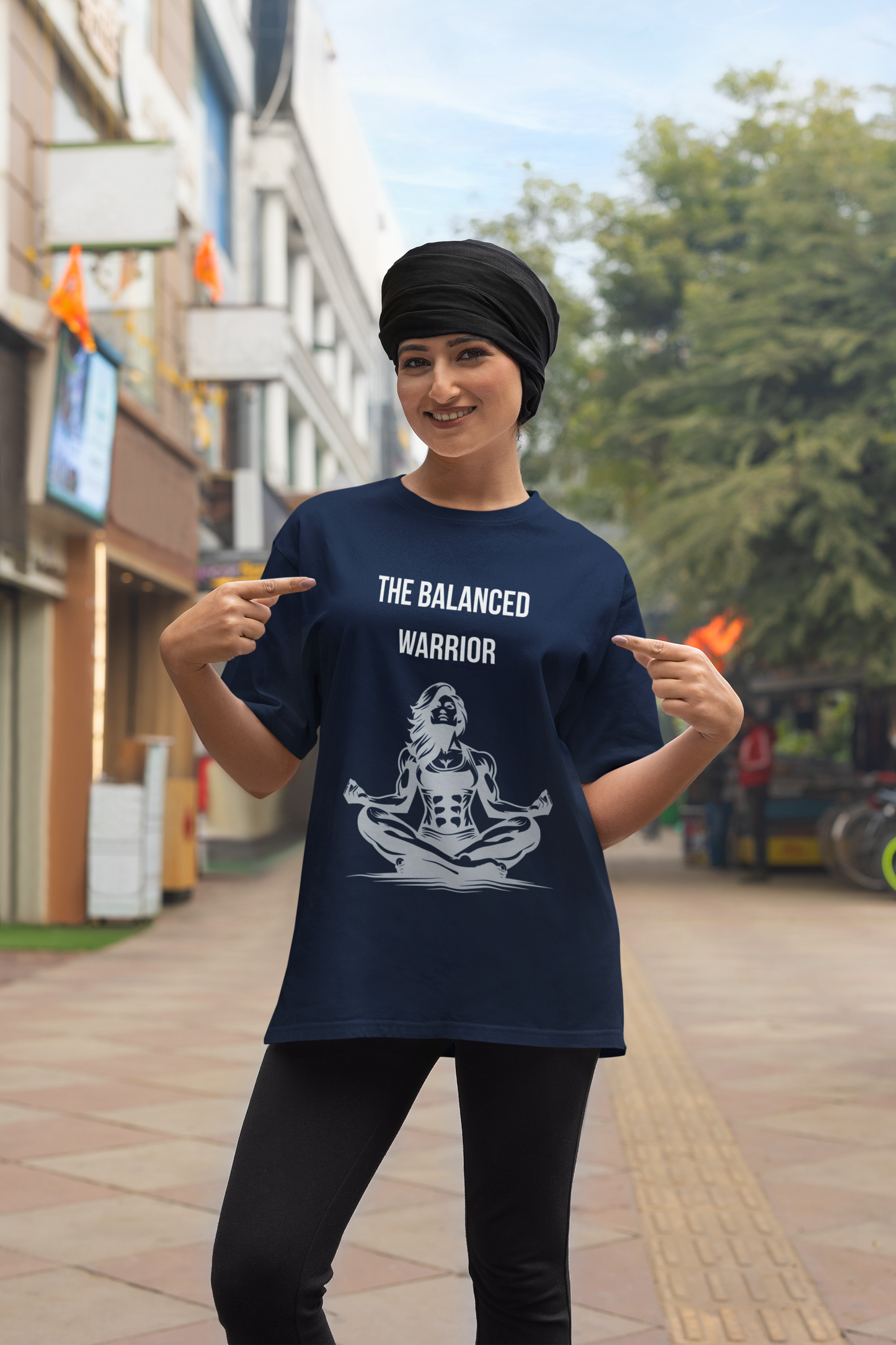 The Balanced Warrior" Navy Blue T-Shirt - Premium Cotton Graphic Tee for Women