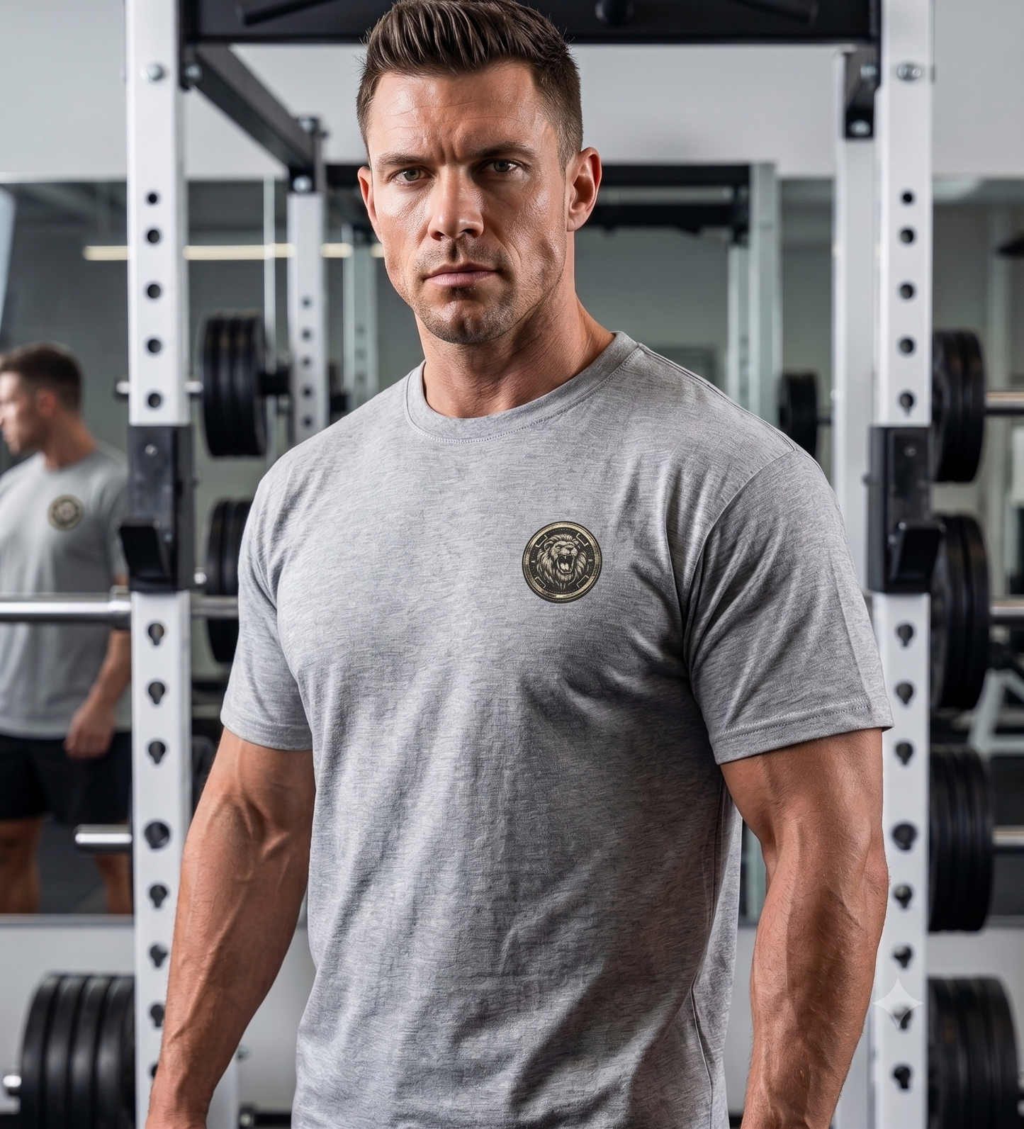 Man wearing grey lion graphic oversized gym t-shirt with lion chest emblem
